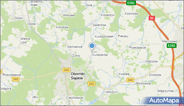 mapa Kuraszków, Kuraszków gmina Oborniki Śląskie na mapie Targeo